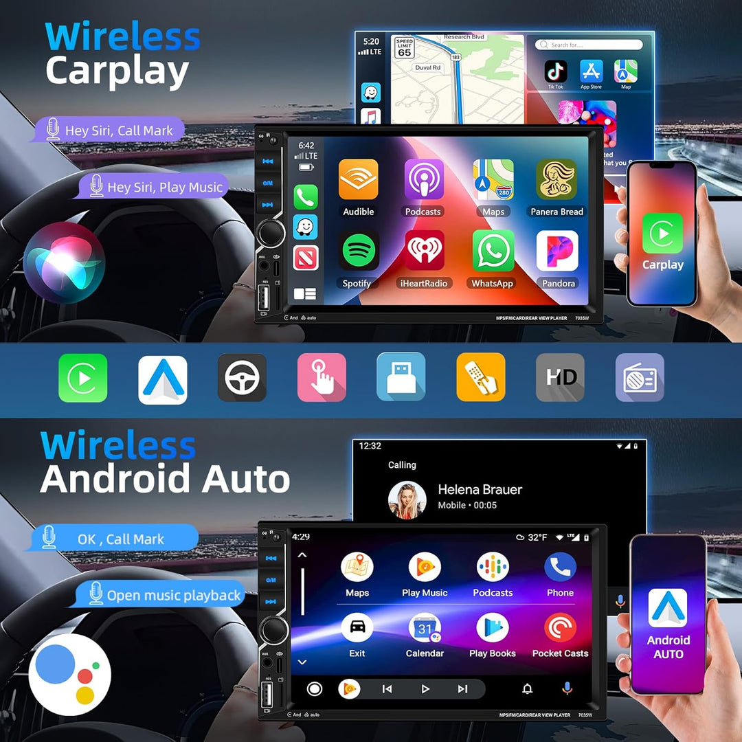 2 Din Carplay Car Stereo Bluetooth 5.1, 7 Zoll HD Touchscreen Autoradio Android Auto, Unterstützung