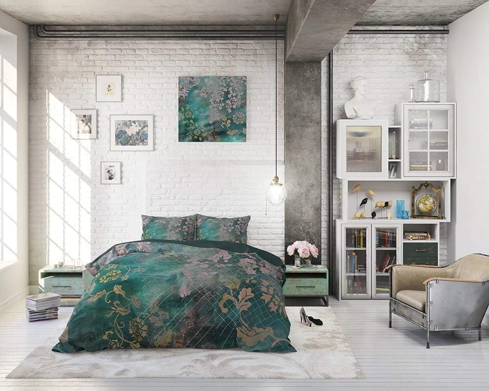 Sleep TIME Bettwäsche 100% Baumwolle, Grün, Blume Werfen, 200cm x 220cm, Mit 2 Kissenbezüge 60cm x 7