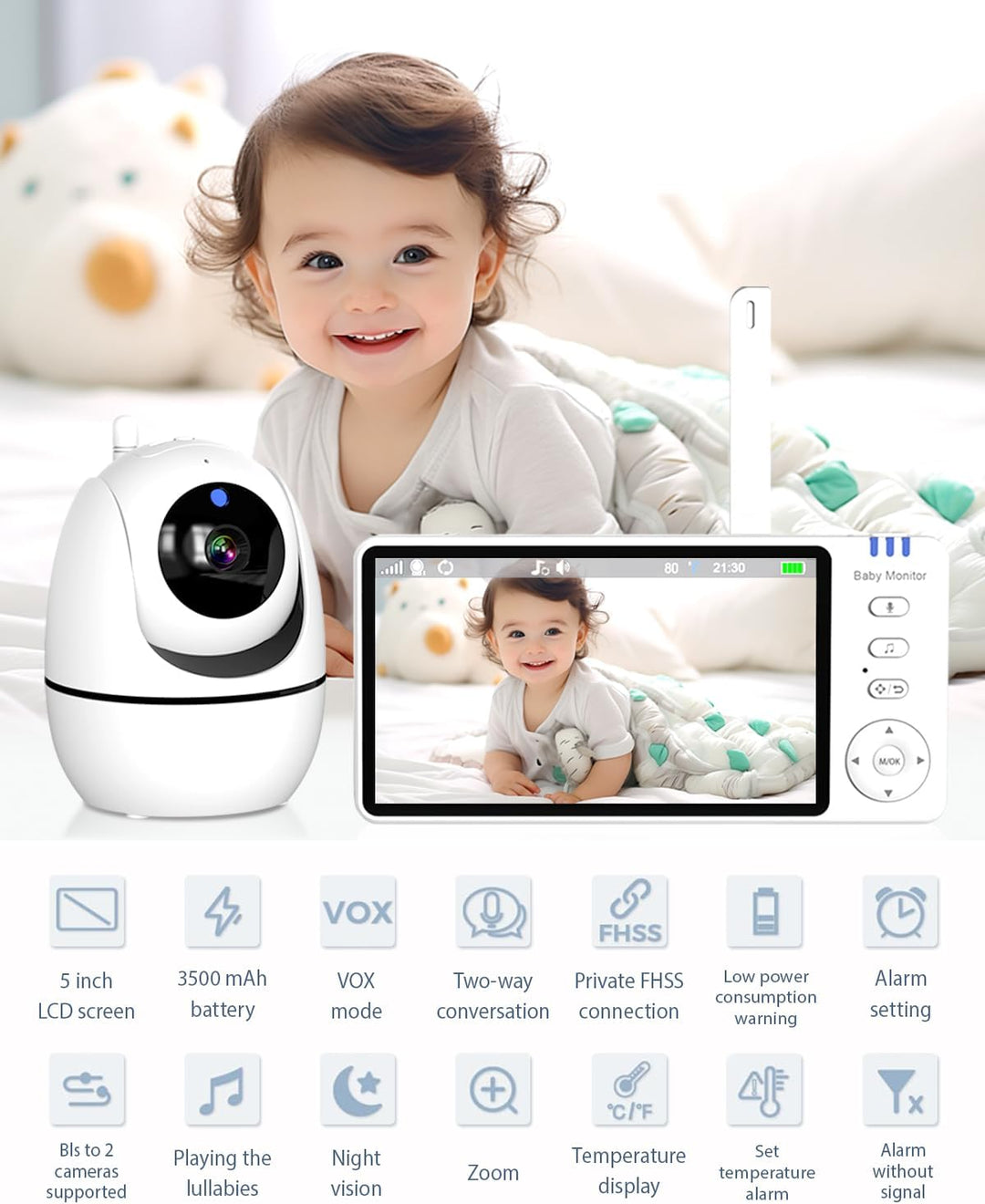 Ade Babyphone mit Kamera 5 Zoll 720P HD IPS-Display Babyphone Kamera 2-Wege-Audio VOX-Modus 300M Rei