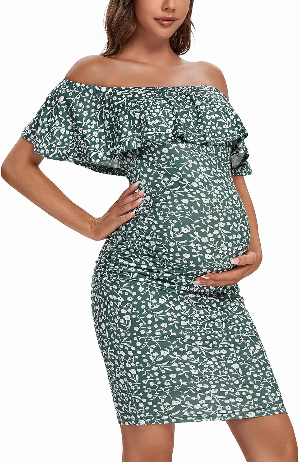 Shen&amp;Qege Umstandskleid Lässig mit Schulterfreiheit, Rüschen, ärmellos, Bodycon, Umstandsmode Sommer