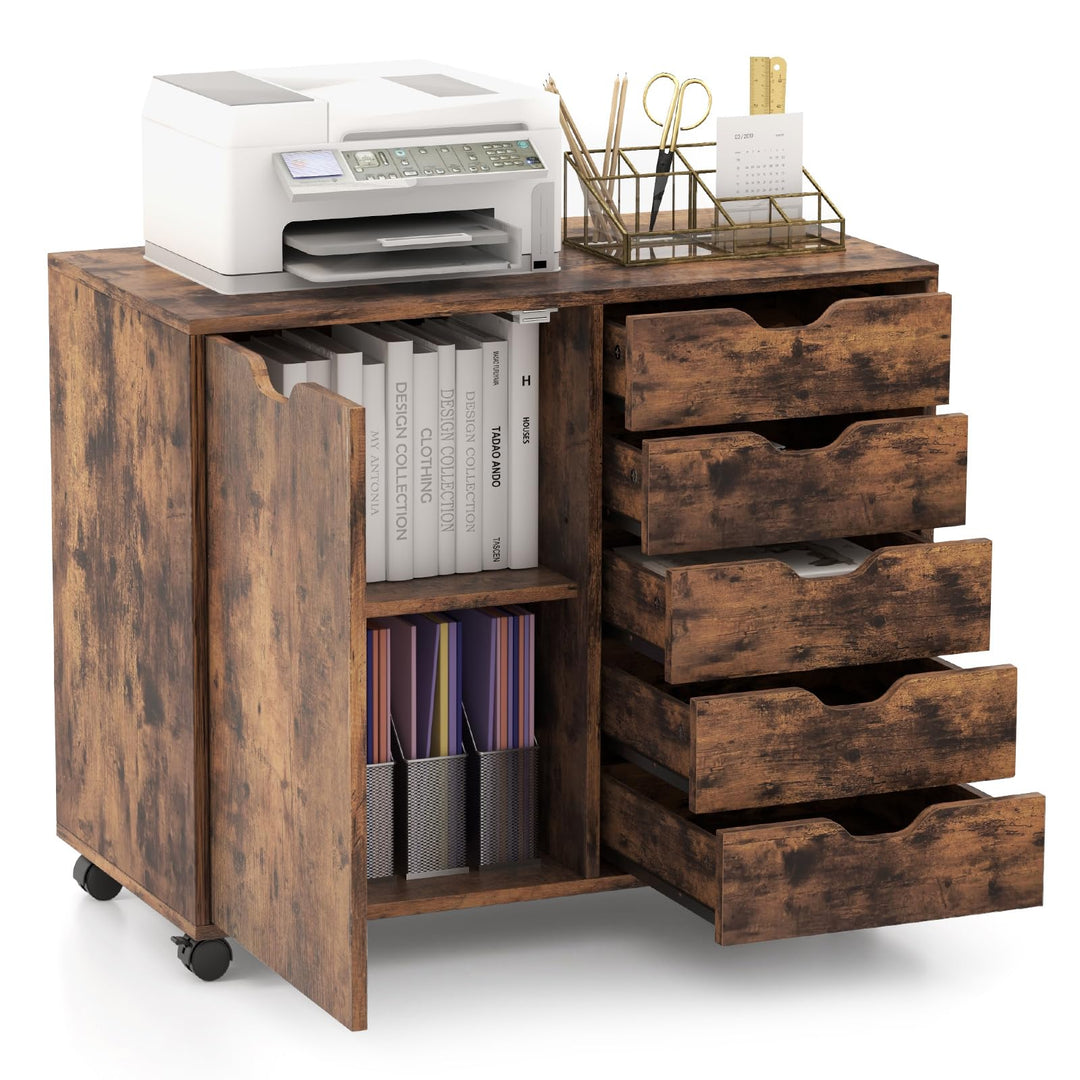 KOMFOTTEU Aktenschrank mit Rollen, Rollcontainer mit 5 Schubladen, Schubladenschrank Bürocontainer D