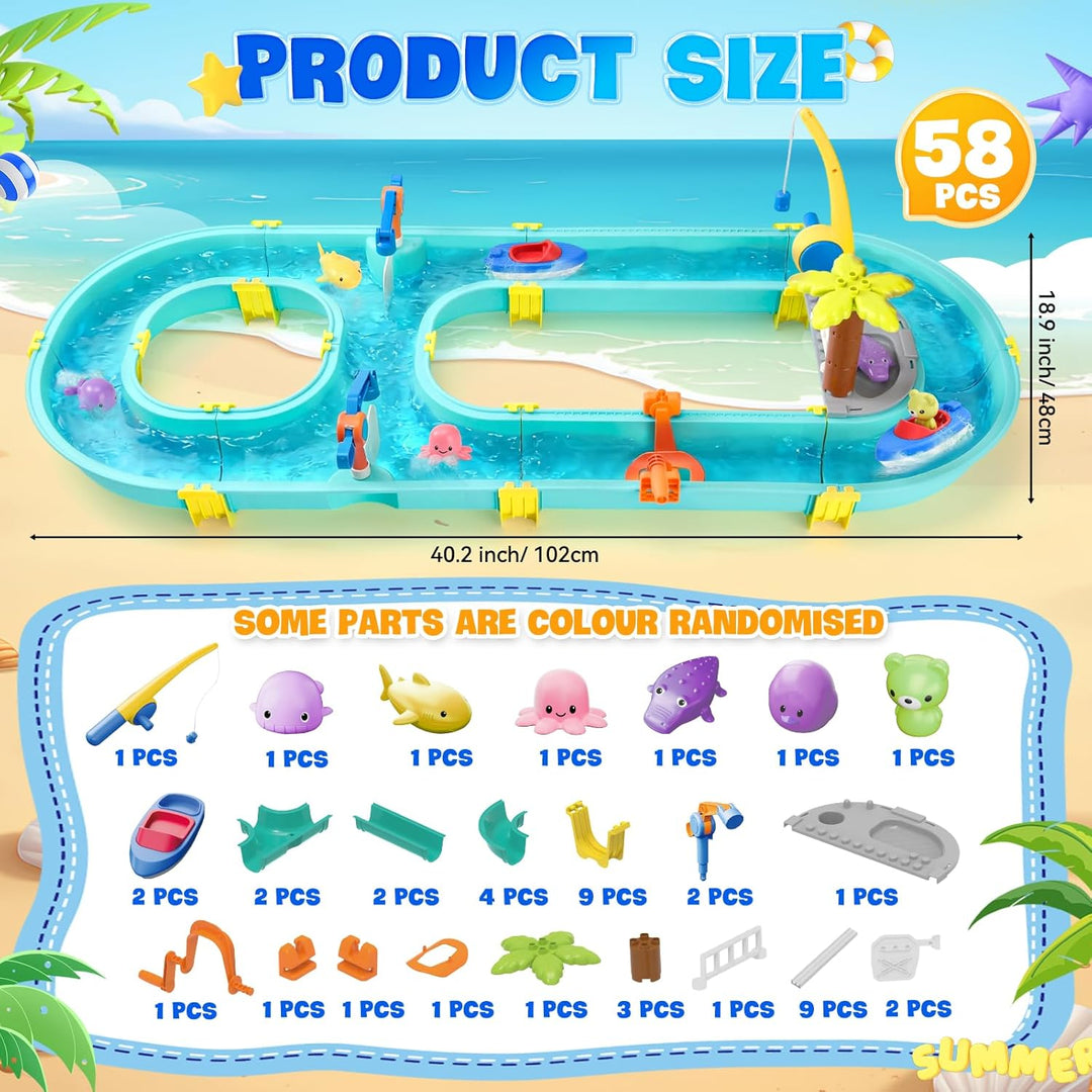 Wasserspielzeug mit Wasserbahn, 58 Teile Wasserbahn Kinder Draussen - Wassertisch Kinder mit Booten,