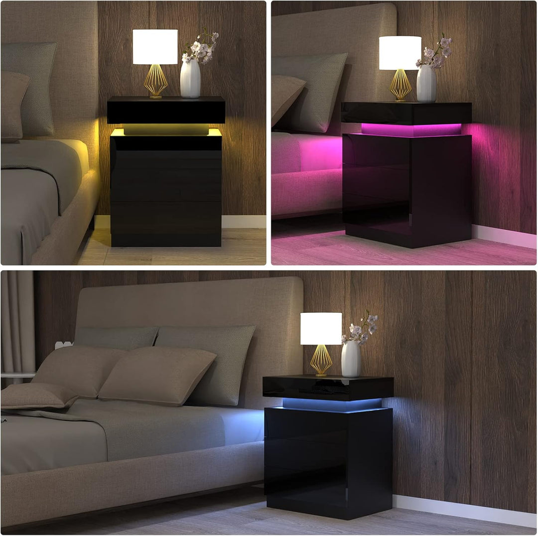 Nachttisch Schwarz 2er Set, Nachtschrank mit Led Licht, Nachtkommode mit 3 Schubladen und Schränke m