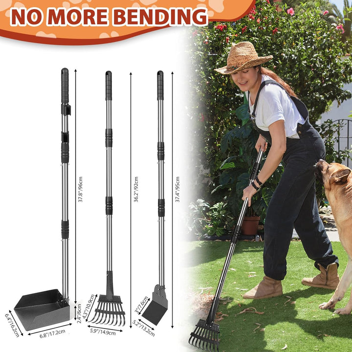 Hundekotschaufel Set mit 96cm langem Griff – Abnehmbares Metalltablett, Rechen & Spaten für grosse,