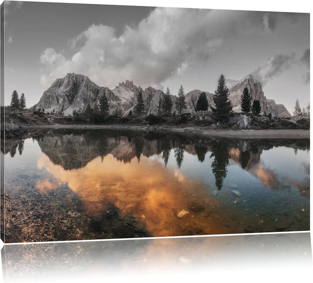 Pixxprint Bunte Dolomiten am See Limides als Leinwandbild/Grösse: 100x70 cm/Wandbild/Kunstdruck/fert
