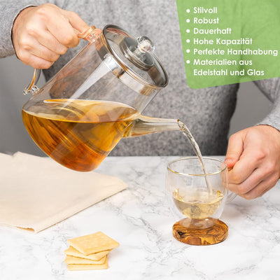 TROPFFREI Teekanne mit Siebeinsatz – Teekanne Glas 1,7L - Teekanne mit Sieb - Glaskaraffe mit Deckel
