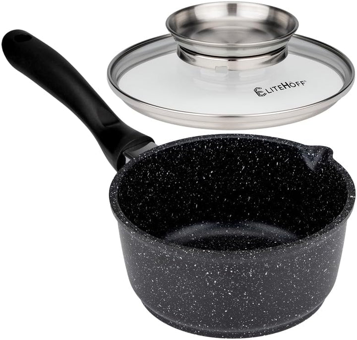 EliteHoff Kochtopf mit Deckel 16cm 1.3L, Induktion Kochtopf Klein, Stieltopf mit langem Griff, Stiel