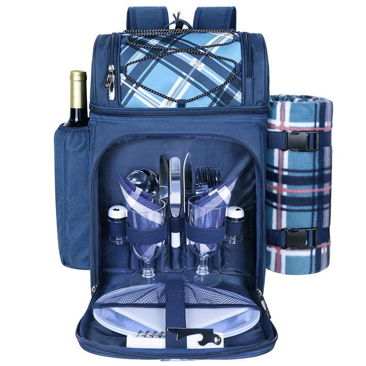 Hap Tim Picknickkorb Rucksack für 2 Personen mit isoliertem auslaufsicherem Kühlfach, Weinhalter, Fl