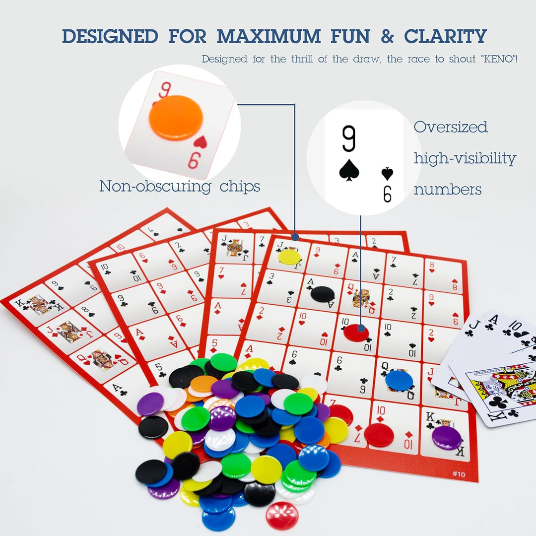 Profi Pokeno & Poker-Bingo Set für 12 Personen - 24 Layouts auf 12 Boards - Inkl. 250+ Chips & 100%