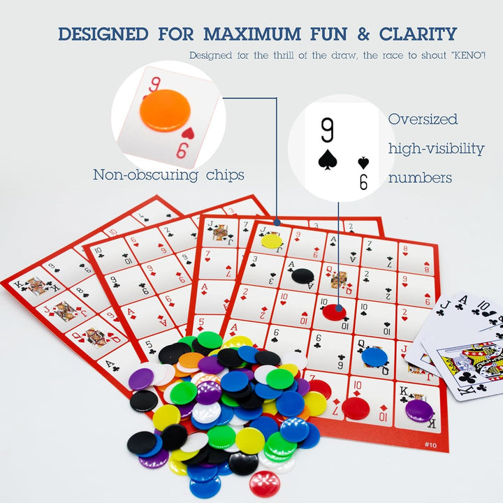 Profi Pokeno & Poker-Bingo Set für 12 Personen - 24 Layouts auf 12 Boards - Inkl. 250+ Chips & 100%