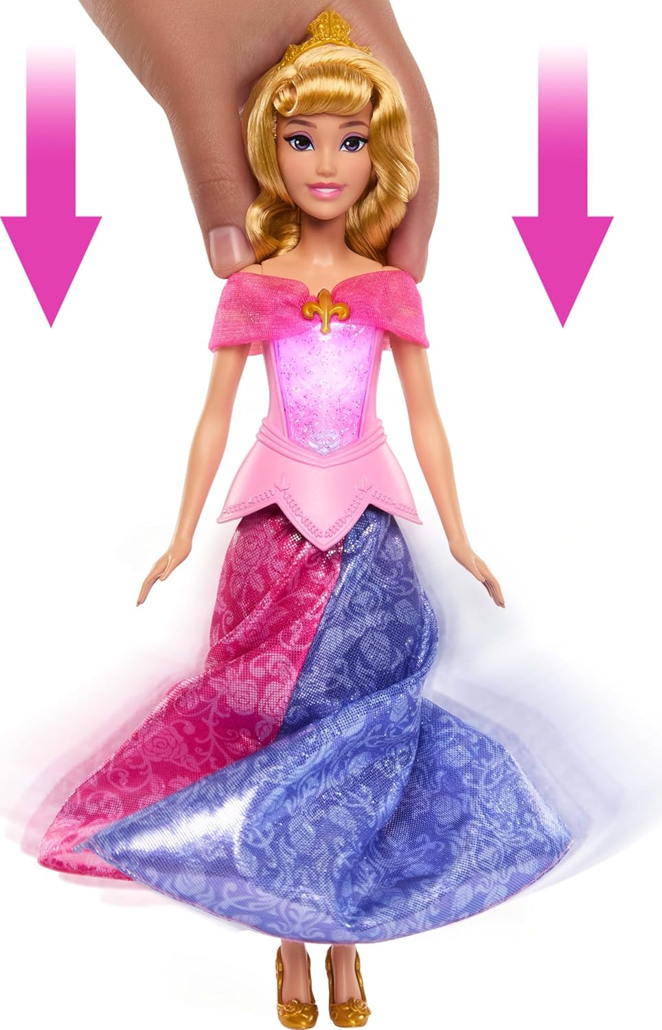 Mattel Disney Princess Aurora-Modepuppe mit leuchtendem Oberteil und Kleid mit Farbwechsel von rosa