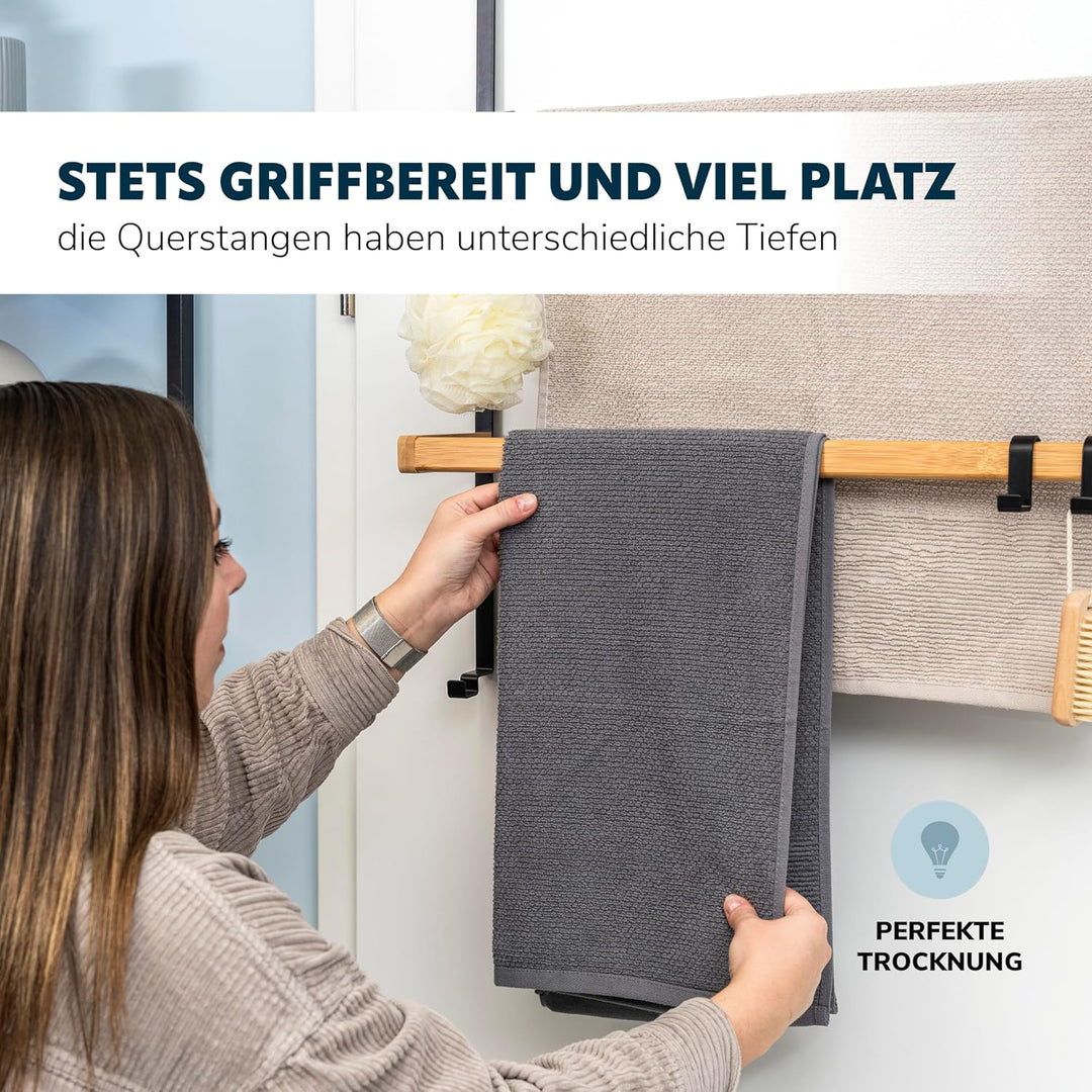 eluno Tür-Hängeregal aus Metall und Bambus, Tür-Handtuchhalter mit 2 Handtuchstangen, 4 praktische H