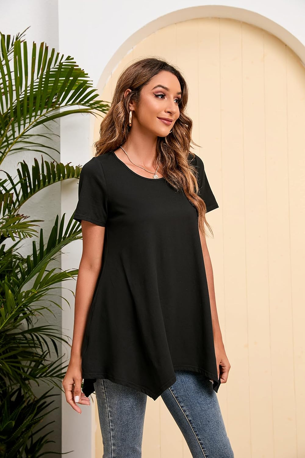Enmain Damen Tunika Shirt Langarm/Kurzarm Bluse Tunika Blumen Longshirt Casual Elegante 3/4 Ärmel Ru