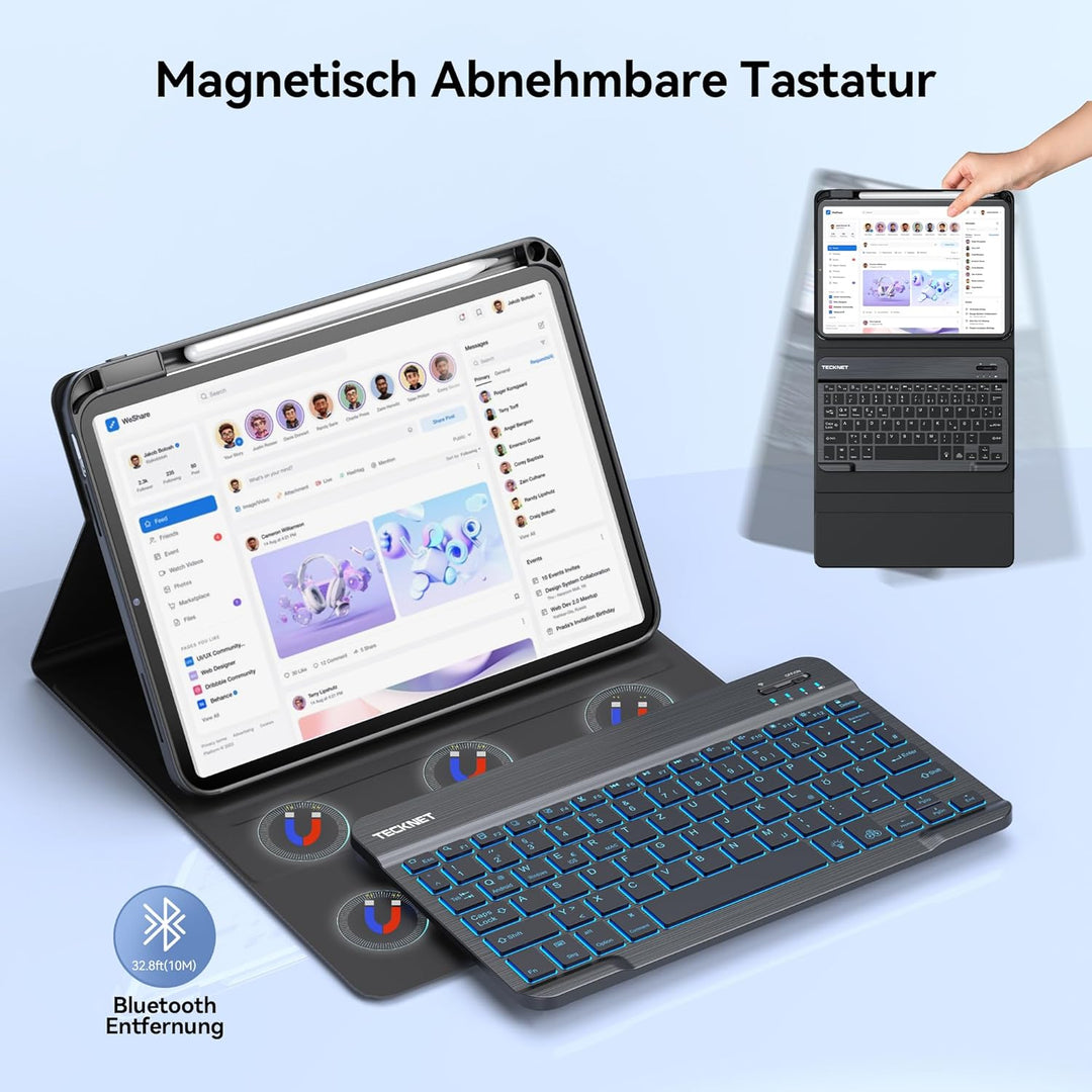 TECKNET iPad Hülle mit Tastatur für A16 11/10 Generation 2025/2022 11/10,9 Zoll, 7 Farben Beleuchtet