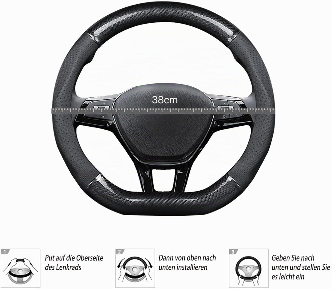 Ergocar Auto Lenkradbezug Rutschfester Auto Lenkradschutz D-Form Kohlefaser &amp; PU Leder für Durchmess