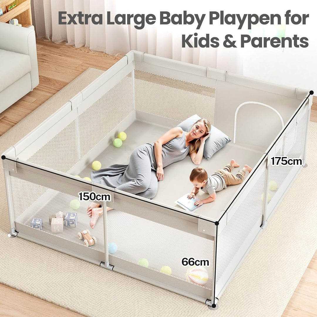 Grosses Laufstall Baby 175x150x66cm - Sicherer XXL Laufgitter Baby mit Atmungsaktivem Netz, Einfache