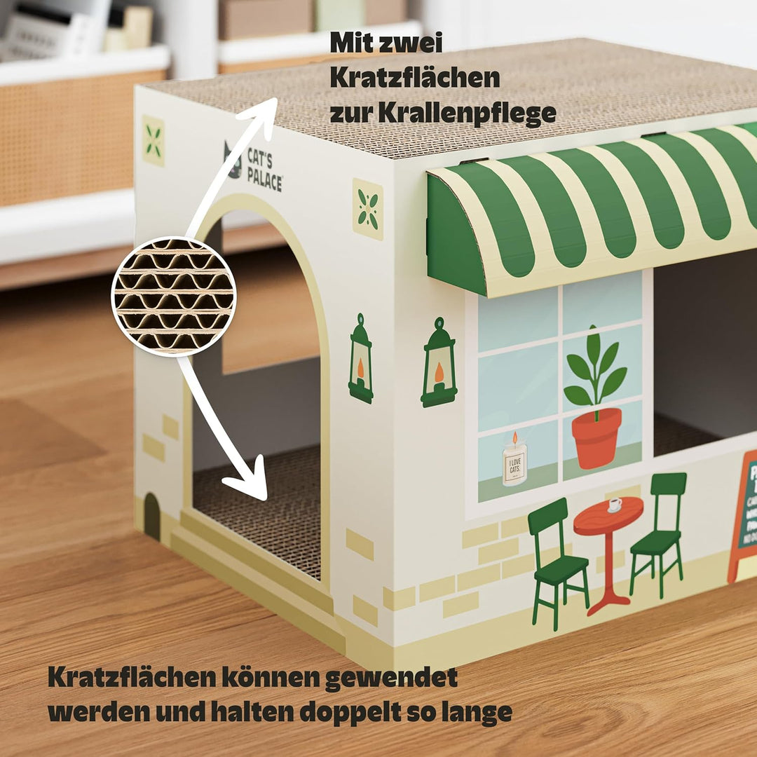 Cat's Palace Katzenhaus Coffeecat Café aus Pappe – Katzenhöhle mit Kratzbrett | Kratzmöbel & Rückzug