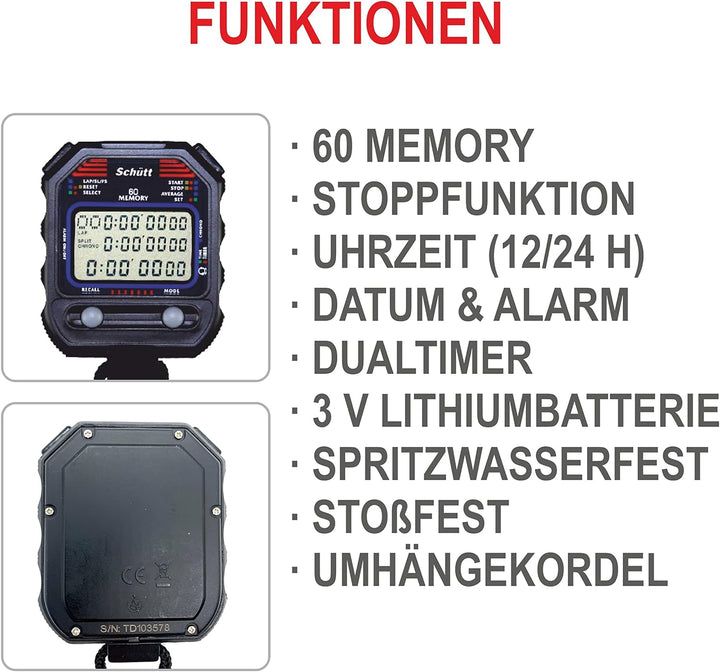 SCHÜTT Stoppuhr PC-90 (60 Memory Speicher | Uhrzeit & Datum | Dualtimer) - Digital Profi Stoppuhr mi