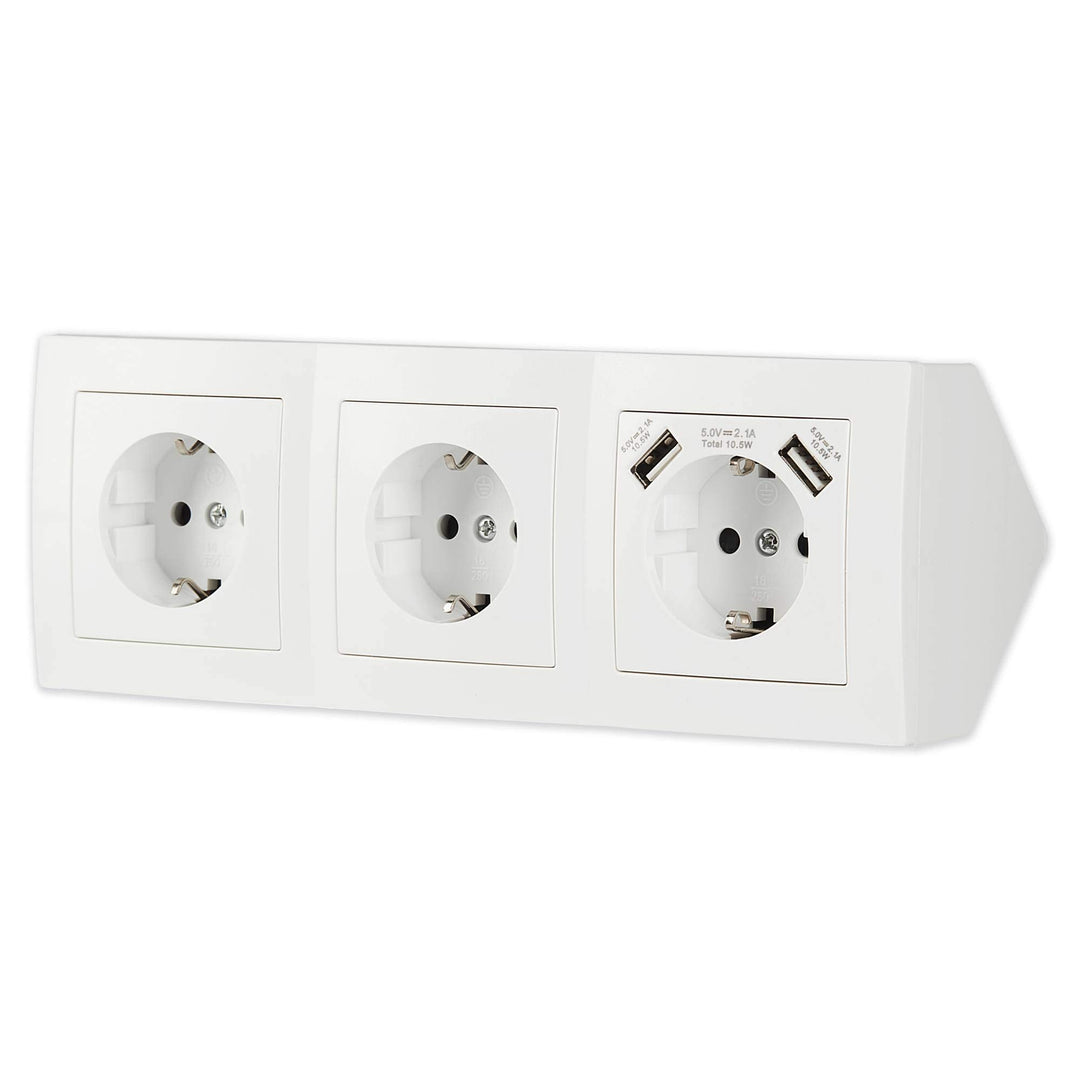 Steckdose 3-fach + 2x USB für Küche und Büro - Schreibtischsteckdose in weiss aus hochwertigem Kunst