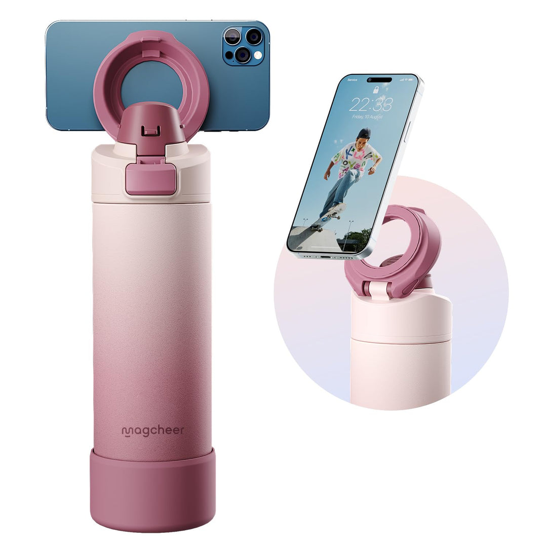 Magcheer Trinkflasche mit Handyhalterung 750ml Magnetische Wasserflasche 360° Verstellbar Flasche Ma