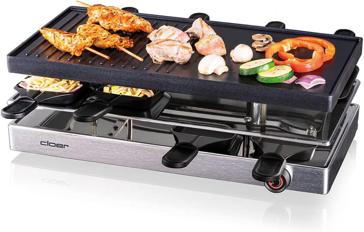 Cloer 6458 Raclettegrill mit Aluminium-Druckguss Platte, 1200 W, 8 antihaftbeschichtete Raclettepfän
