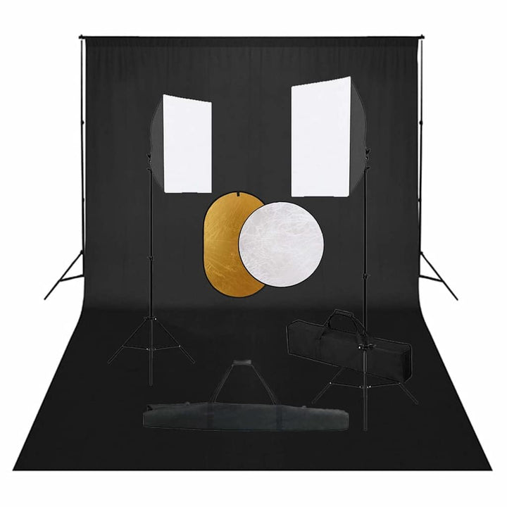 Fotostudio-Set mit Softboxen, Hintergrundsystem, Reflektoren und Stativ für professionelle Produktfo