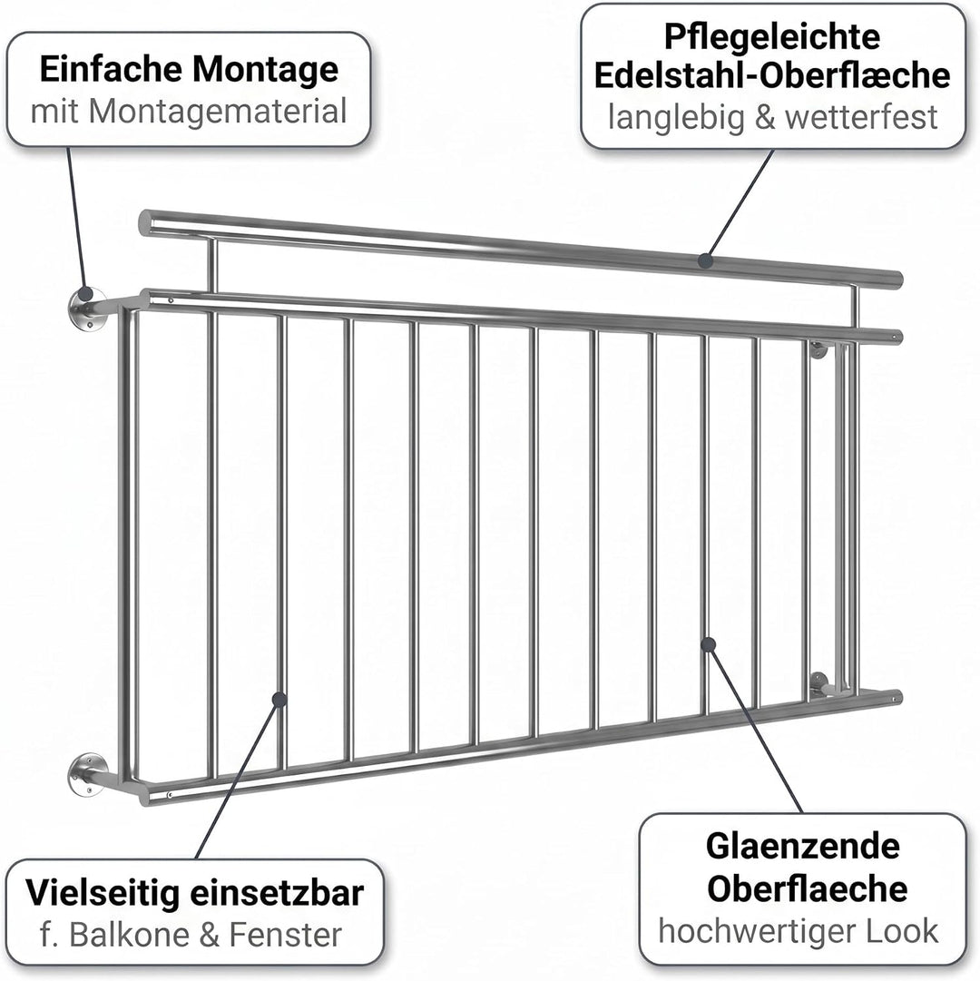 Mucola Balkongeländer Edelstahl V2A 90x156 cm – Stabgeländer mit 12 Füllstäben und Handlauf Ø 3,8cm