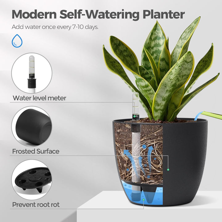 T4U 15cm Selbstwässernder Blumentopf mit Wasseranzeiger Schwarz 4er-Set, Selbstbewässerung Wasserspe