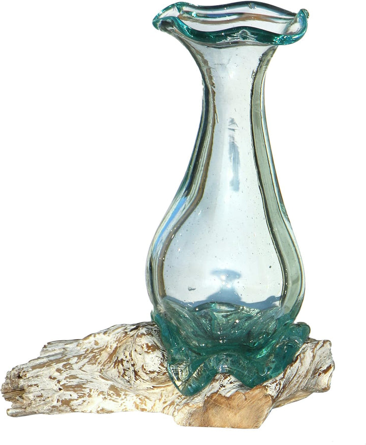 Wogeka - White Line Collection - 25 cm weisse Glas-Vase Athena auf Wurzel-Holz als Maritime Mediterr