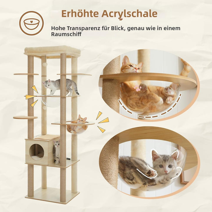 PETEPELA Kratzbaum für grosse Katzen, 181 cm hoch, mit Acryl-Hängematte, Multi-Stufe Holz Katzenbaum