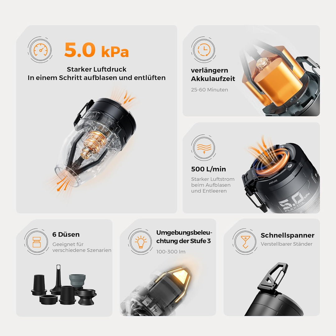 FLEXTAILGEAR MAX Pump 3 Tragbare Luftpumpe, 5,0 kPa, Beleuchtung, USB-Aufladung zum Aufblasen und En