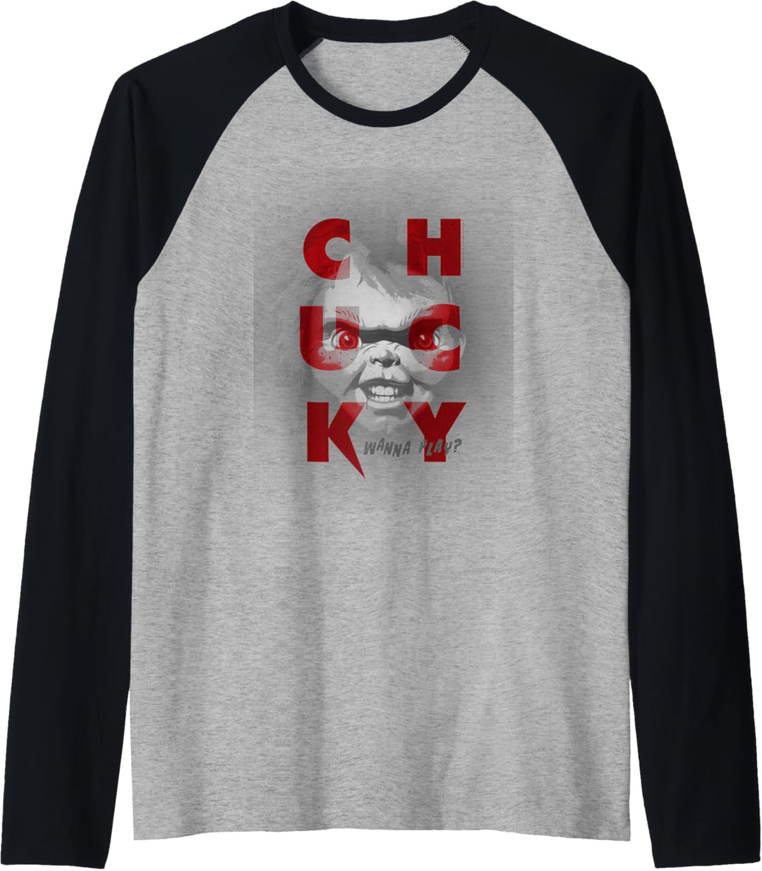 Chucky Wanna Play Grayscale Portrait Raglan