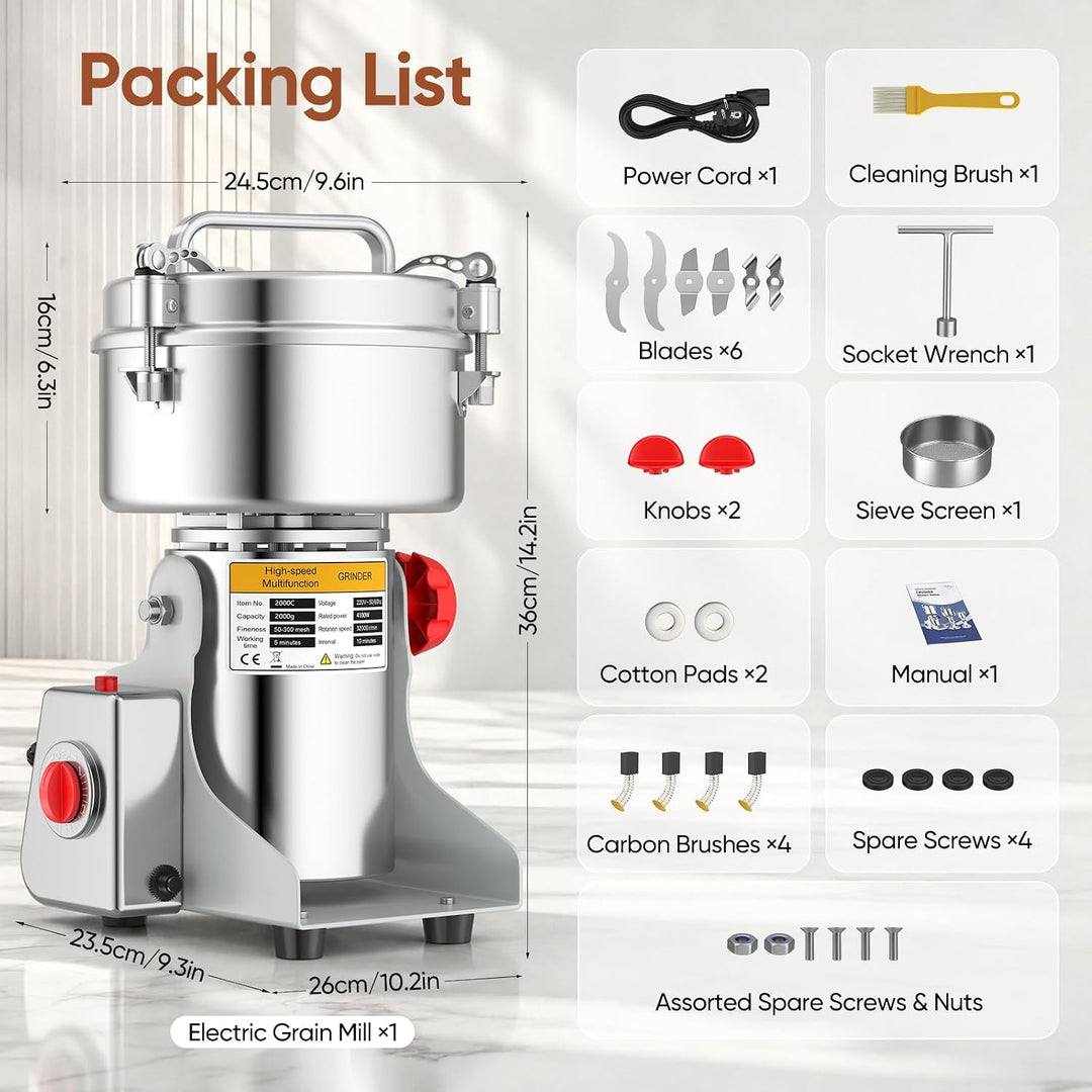 Elektrische Getreidemühle 2000 g, 3600 W, 32000 U/min, Schaukeltyp | Edelstahl-Getreidemühle mit 5-M