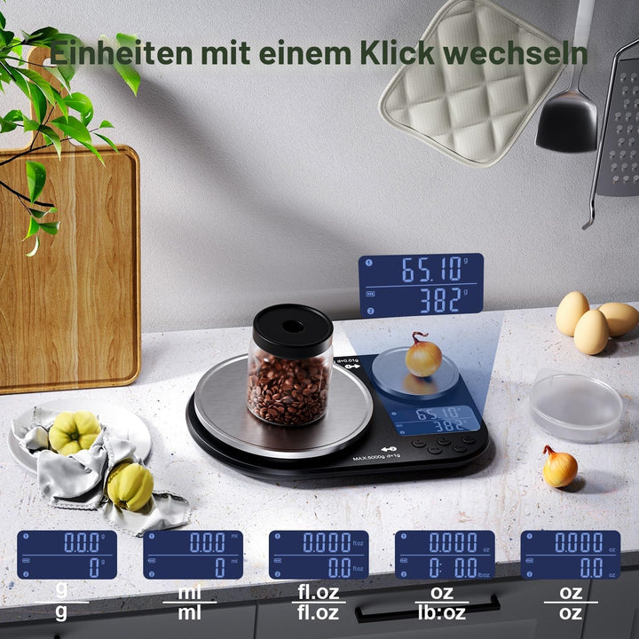 Doppelplattform-Küchenwaage, digitale Lebensmittelwaage wiegt bis zu 5 kg und 300 g, digitale Waage