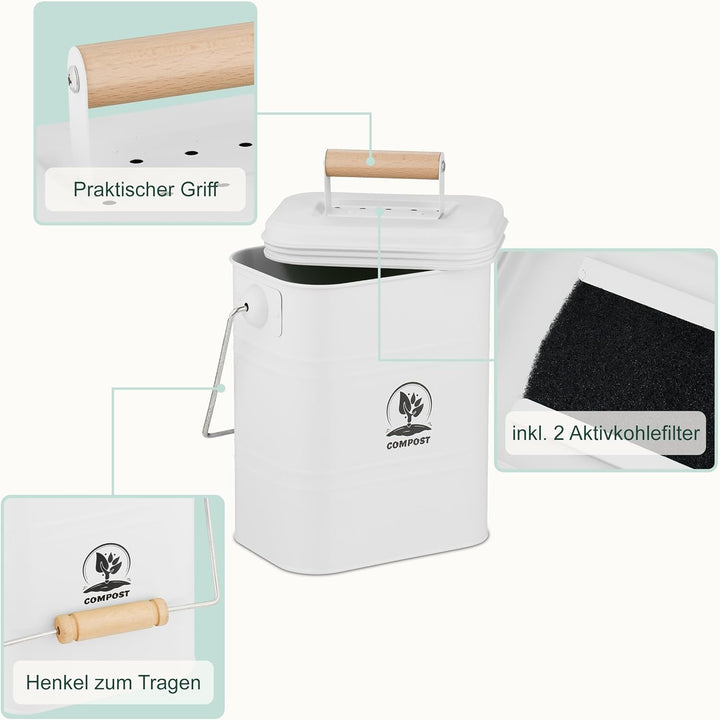 Relaxdays Komposteimer Küche, 3,5 Liter, 2 Aktivkohlefilter, mit Deckel, Henkel, Eisen & Holz, Biomü