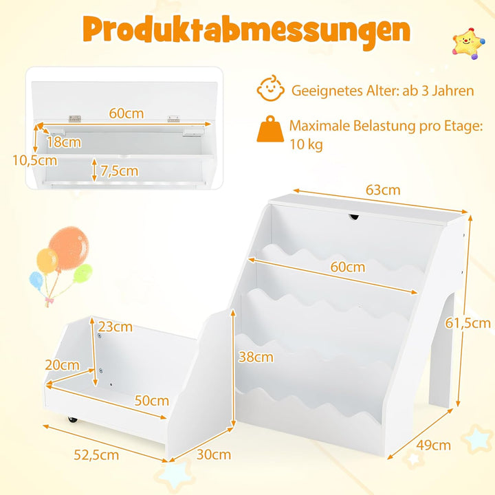 COSTWAY 4 stufiges Kinder Bücherregal, Kinderregal mit aufklappbaren Fach & Schublade auf Rollen, Sp