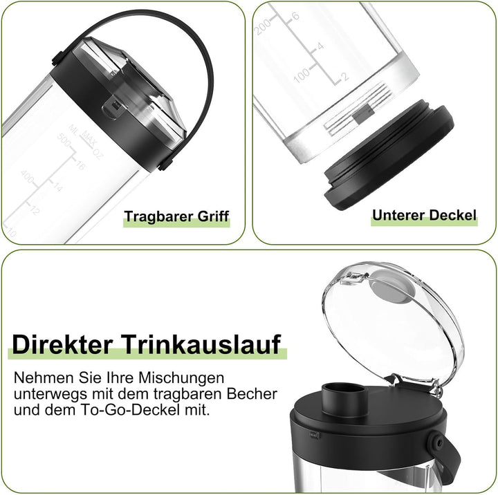 DENOKIN Tragbarer Mixer mit Trinkdeckel, 500ml, Mini Standmixer für Unterwegs, Wiederaufladbar mit U