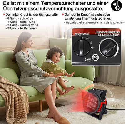 Aufun 2000 Watt Elektroheizer Heizlüfter Bauheizer, Keramik Heizstrahler mit Thermostat mit 3 Heizst