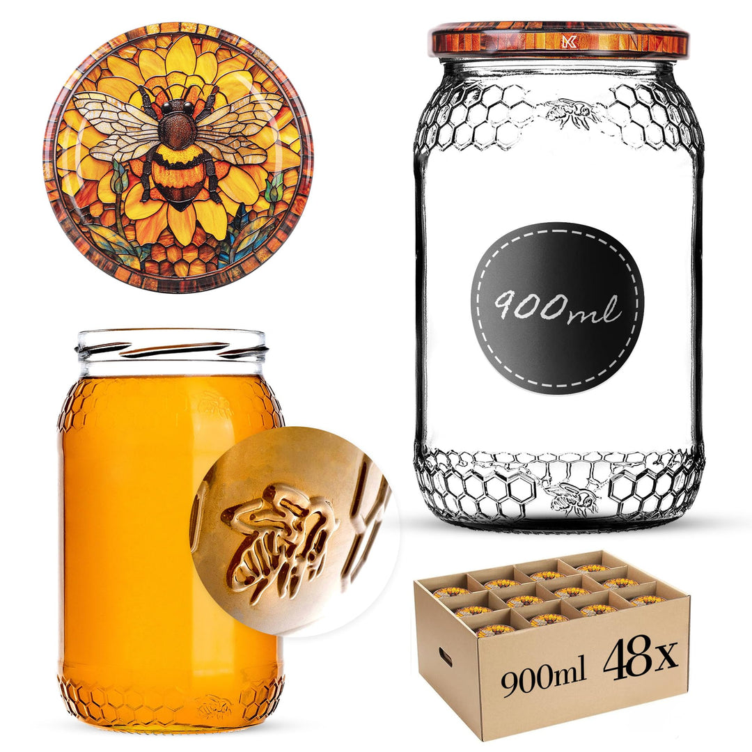 KADAX 48er Set Einmachgläser 900ml TO82 Gelbe Biene, Grosse Sturzgläser mit Schraubdeckel, Einkochgl