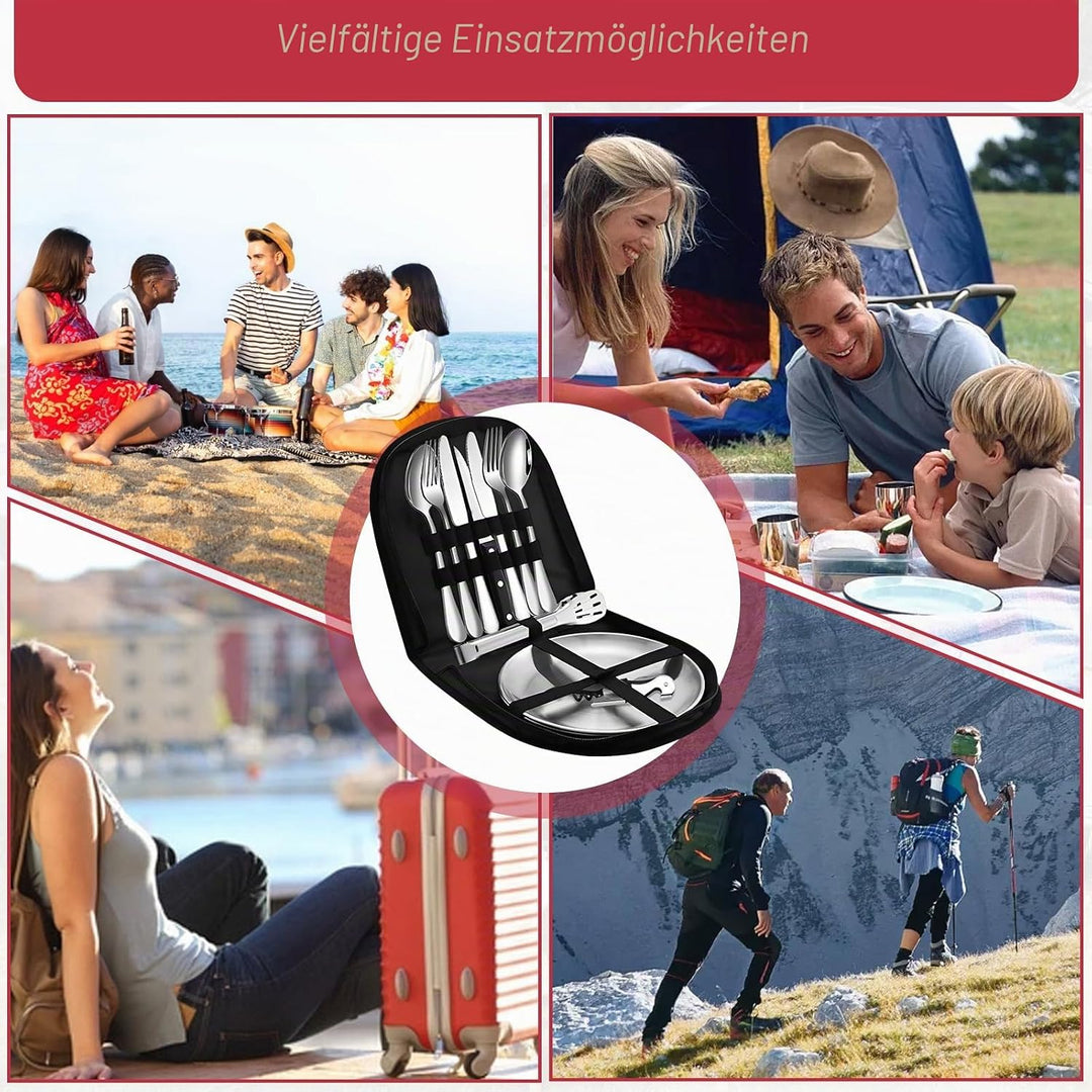 11 Teilig Camping Geschirr Set für 2 Personen, Edelstahl Picknick Campingbesteck, Besteckset mit Mes