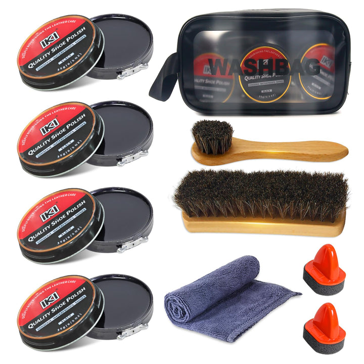 IKI 10tlg Schuhcreme & Pflegeset – Schuhputzset mit Schwarz Schuhcreme Pferdehaar Bürsten Für Leder