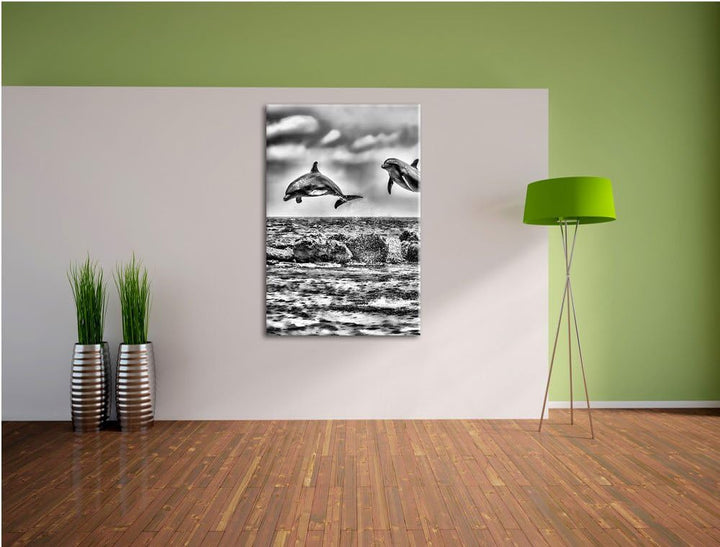 Pixxprint springende Delphine / 100x70cm Leinwandbild bespannt auf Holzrahmen/Wandbild Kunstdruck De