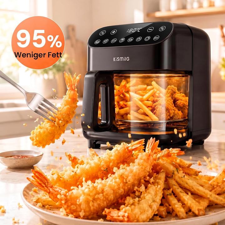 Kismile Glas Airfryer 4,7L, Heissluftfritteuse, Borosilikatglas, Touchscreen | 4,7L Borosilikatglas-