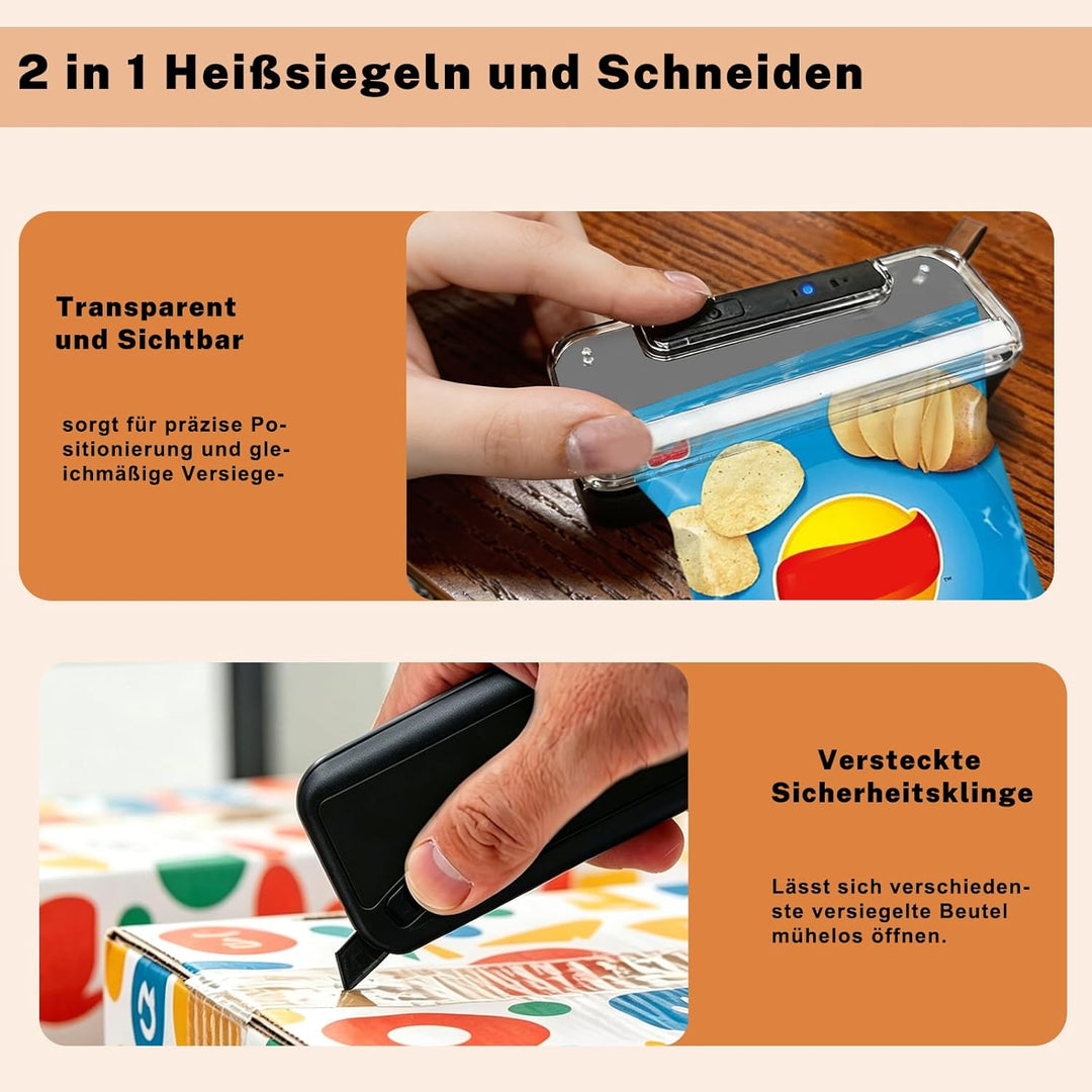 Mini Folienschweissgerät, 2 in 1 Bag Sealer mit Cutter, 2-Stufen Siegelung, Wiederaufladbar, Auto-Of