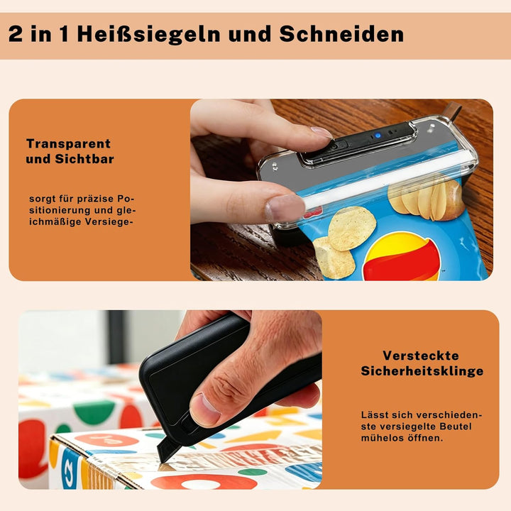 Mini Folienschweissgerät, 2 in 1 Bag Sealer mit Cutter, 2-Stufen Siegelung, Wiederaufladbar, Auto-Of