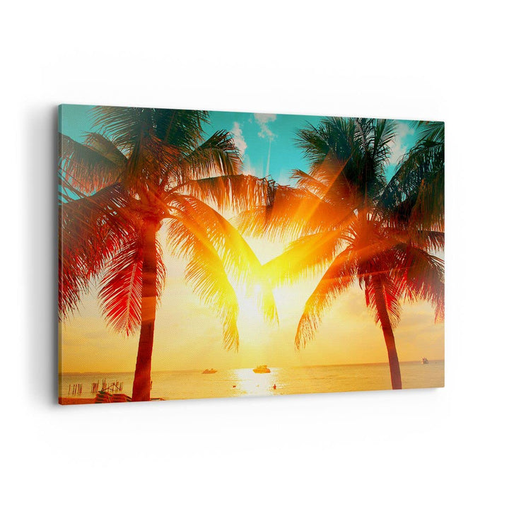 Bilder auf Leinwand 100x70cm Leinwandbild mit Rahmen Meer Palme Wasser Gross Wanddeko Bild Schlafzim