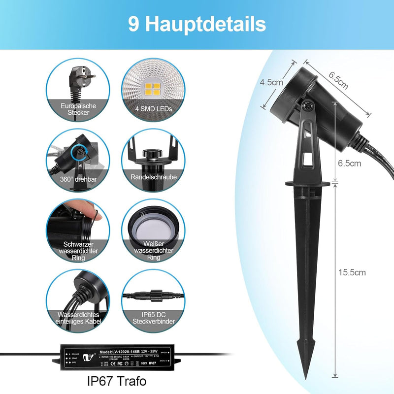 Greenclick Gartenbeleuchtung LED, 15m 4er Gartenstrahler mit Strom Erdspiess, 12V 3W 1200lm Gartenle