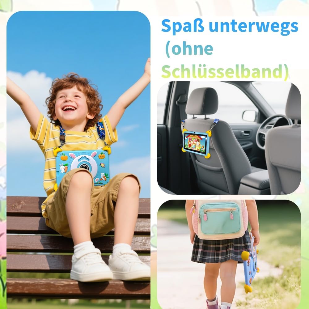 Veidoo 7-Zoll Android Kinder-Tablet, 2+32 GB, Dual-Kameras, stossfeste Hülle, integriertes Hasen-Stä
