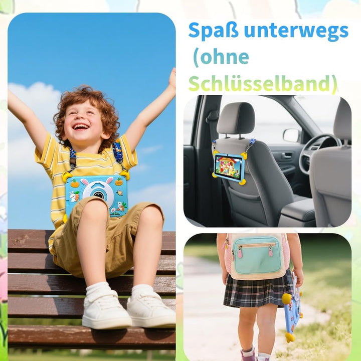 Veidoo 7-Zoll Android Kinder-Tablet, 2+32 GB, Dual-Kameras, stossfeste Hülle, integriertes Hasen-Stä