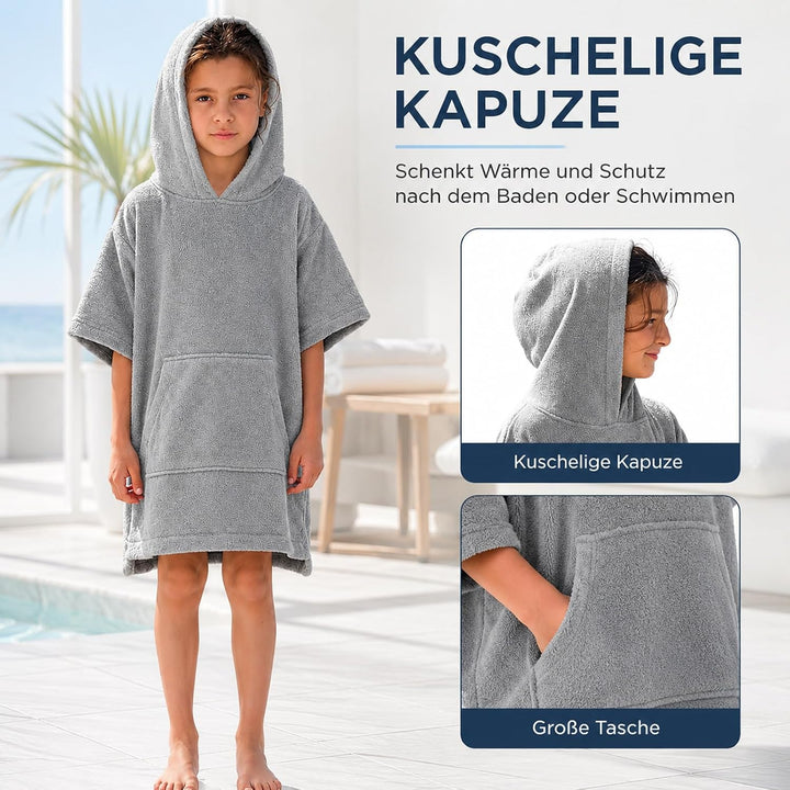 Badeponcho Kinder aus - Saugstarker Bademantel Kinder Frottee mit Kapuze &amp; Tasche - Schnelltrocknend